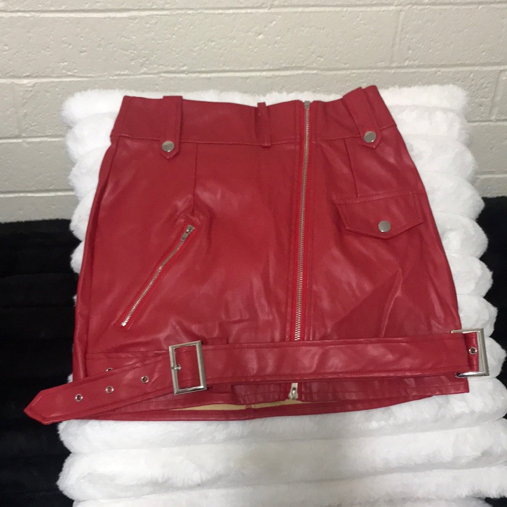 Woman’s 80's Red Faux Leather Mini Skirt with Wrap Around Belt